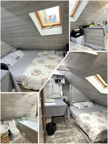 un collage di quattro foto di una camera da letto di Гостиницы a Chişinău