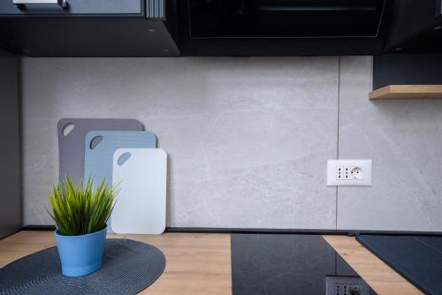 a wall with two iphones and a potted plant at Top Central 6 Apartments in Belgrade