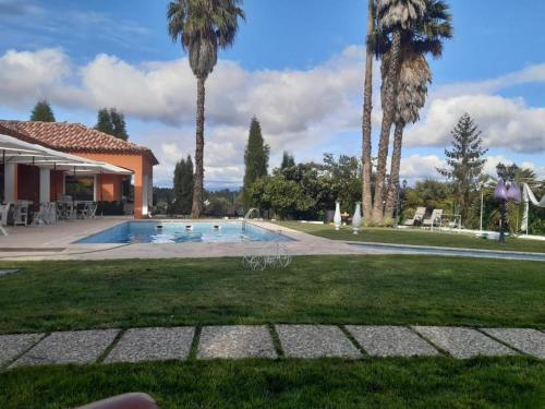 a swimming pool in a yard with palm trees at Retiro dos Cedros - Quarto Vinhas in Fogueira