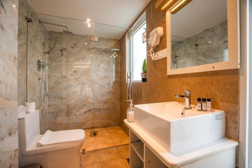 a bathroom with a sink and a toilet and a shower at Flock Kathmandu in Kathmandu