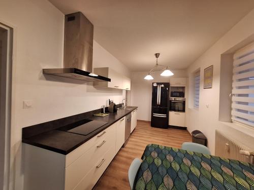 une cuisine avec un comptoir et un réfrigérateur dans l'établissement Le Kuttel Colmar Centre Historique, à Colmar