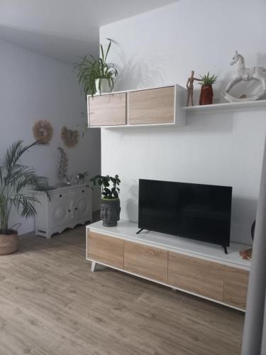 a living room with a flat screen tv on a white wall at Cal Hidalgo in Palouet