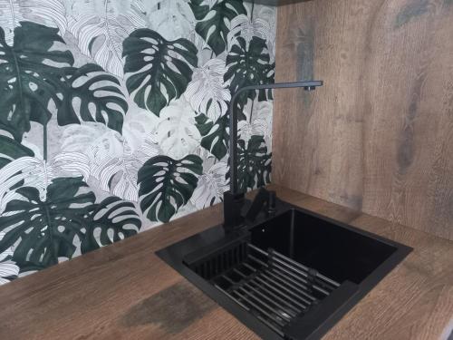 a sink in a room with a tropical wallpaper at Cal Hidalgo in Palouet