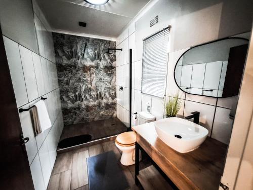 a bathroom with a sink and a toilet and a mirror at B at Home Guest House in Piet Retief