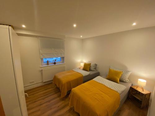 a bedroom with two beds and a window at Ferienwohnung Burgunderwiese in Bad Neuenahr-Ahrweiler