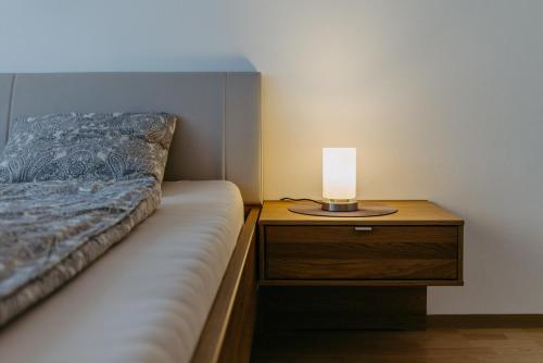 a bedroom with a bed and a lamp on a night stand at Große Ferienwohnung Burgenland in Eisenstadt