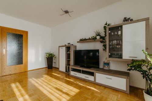 a living room with a flat screen tv and a wooden floor at Große Ferienwohnung Burgenland in Eisenstadt