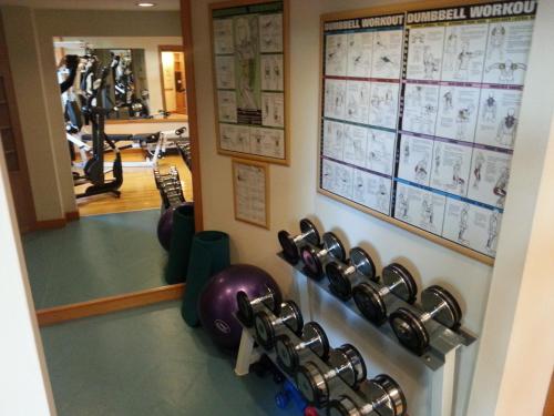 a gym with dumbbells and posters on the wall at Hotel Midi in Ankara