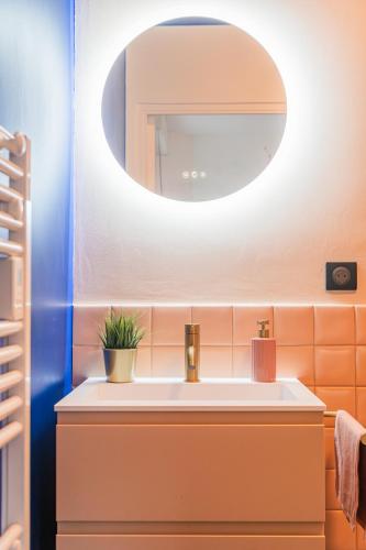 une salle de bain avec un lavabo et un miroir dans l'établissement Appartement Design et Confortable, à Strasbourg