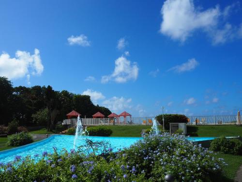 a swimming pool with a fountain in a park at Holidays Guadeloupe -Paradise -Anse des Rochers in Belle-Allée
