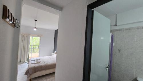 a bedroom with a bed and a shower and a mirror at Vida, hotel de playa in Puerto Madryn
