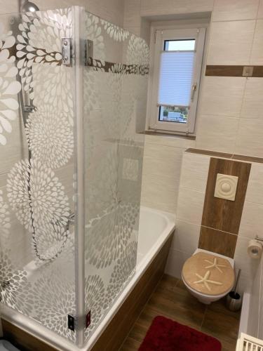 a bathroom with a shower with a tub and a toilet at FeWo Wieko Plauen H1 3 OG links Family Appartement XL in Plauen