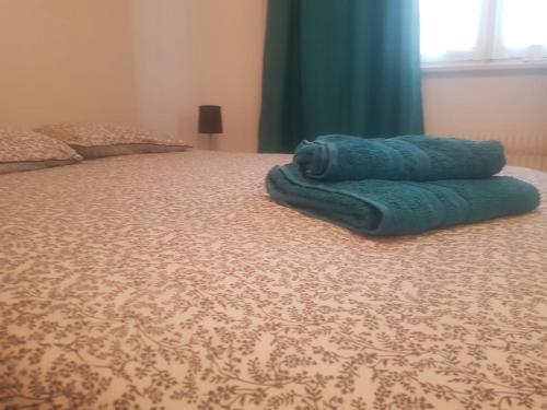 een paar handdoeken bovenop een bed bij Spacieux et lumineux T5 avec 4 chambres, au centre-ville de Mulhouse, grand balcon, grand écran plat in Mulhouse