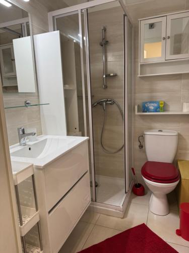 une salle de bain avec une douche, un lavabo et des toilettes dans l'établissement Joli STUDIO Bord de Mer entre Menton et Monaco, à Roquebrune-Cap-Martin