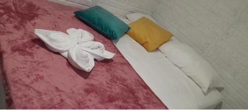 a bed with two pillows at Cabaña Barbacoas in Santa Ana