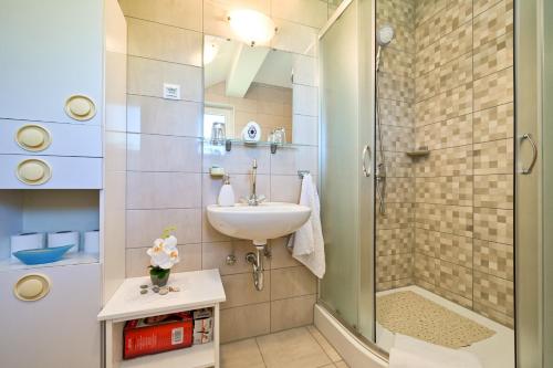 a bathroom with a shower and a sink at Kuća za odmor DIVA*** in Donja Stubica