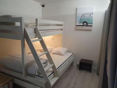 une chambre avec un lit superposé avec une échelle dans l'établissement Appartement au calme avec vue sur les montagnes à la Foux d'Allos, à Allos