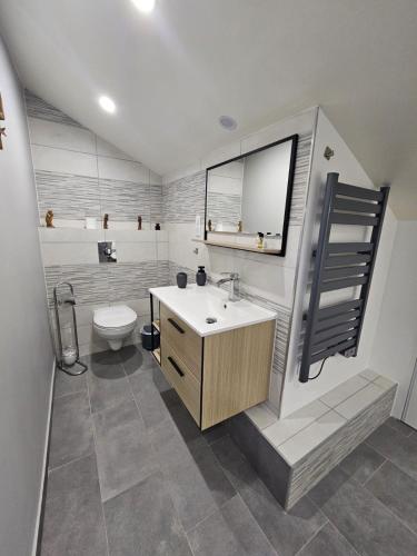 une salle de bain avec un lavabo et des toilettes dans l'établissement Chambre Isis, à Sainte-Geneviève-des-Bois