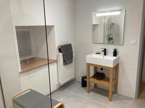 a bathroom with a sink and a glass shower at 3 Chambres à louer chez habitant in Hambye