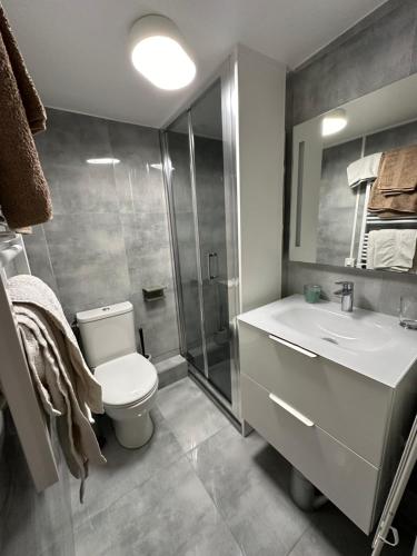 une salle de bain avec toilettes, lavabo et douche dans l'établissement Appartement Rive Gauche, à Paris