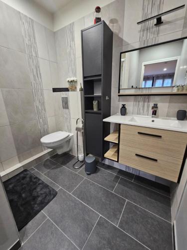 une salle de bain avec un lavabo, des toilettes et un miroir dans l'établissement Chambre plume, à Sainte-Geneviève-des-Bois