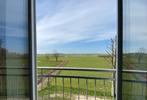 a view of a field from a window at Ferienwohnung Watt'n Ausblick in Simonsberg