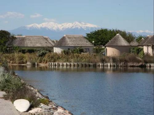 a row of houses next to a river with mountains at Belle marina en bord d'étang in Le Barcarès