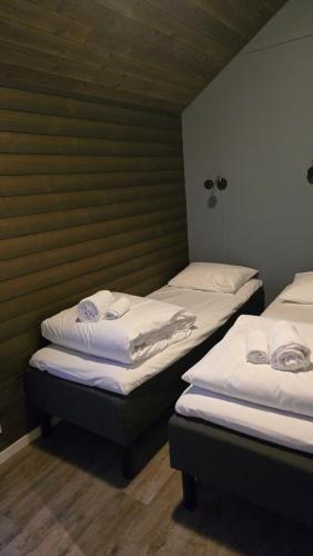 two twin beds in a room at Hemmingodden Lodge in Ballstad