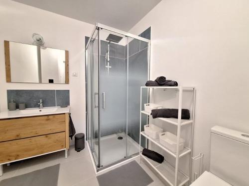 une salle de bain avec douche et lavabo dans l'établissement T2 Coeur de Ville - Casa Burot, à Rochefort