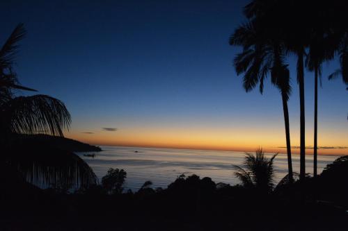 a view of the ocean at sunset with palm trees at Sunset View Self Catering in Anse Boileau