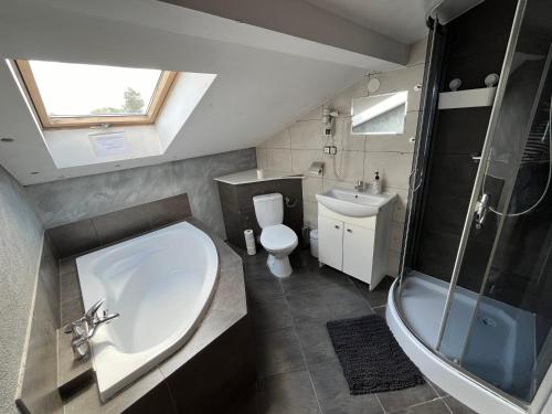 a bathroom with a sink and a toilet and a shower at Mieszkanie na Zielonej in Olsztyn