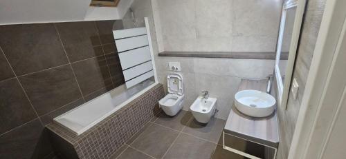 a small bathroom with a toilet and a bidet at Casa Adam B in Gara Ilişeşti