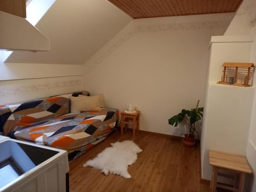 a living room with a bed and a white rug at Tourist Farm Arbajter in Resnik