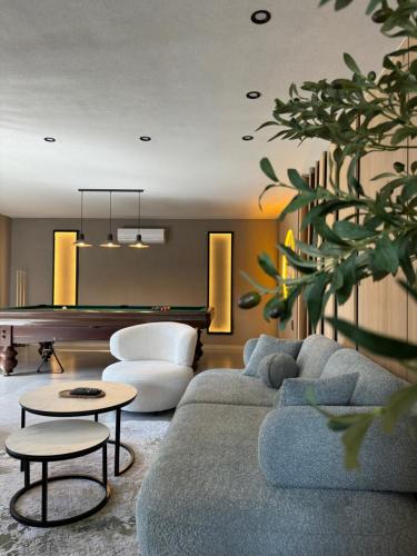 a living room with a couch and a pool table at The View Villas in Ferizaj