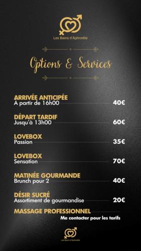 a chalkboard menu with a list of options and services at Évasion duo, Suite Atypique privative, Hammam & Balnéo in Auriol