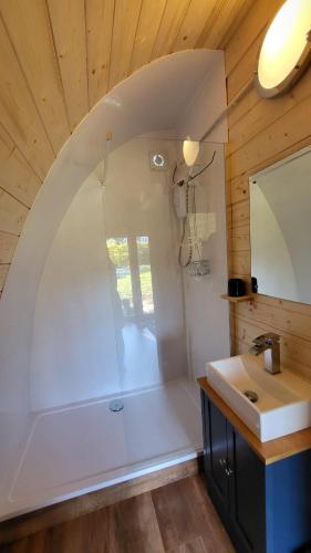 a bathroom with a shower and a sink at Duke End Retreat in Coleshill