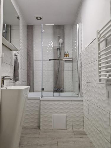 a bathroom with a shower and a tub and a sink at Apartament Agat in Lwówek Śląski
