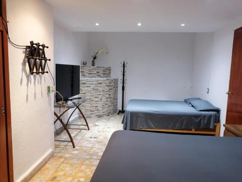 a bedroom with two beds and a television in it at Amplio departamento in Acapulco