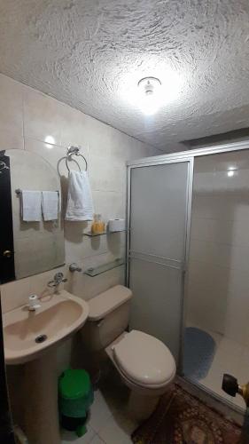 a bathroom with a toilet and a sink and a shower at Casa Italo-Colombiana in Santa Marta