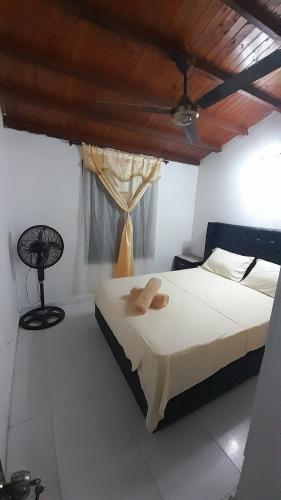 a bedroom with a bed and a fan at Casa Italo-Colombiana in Santa Marta