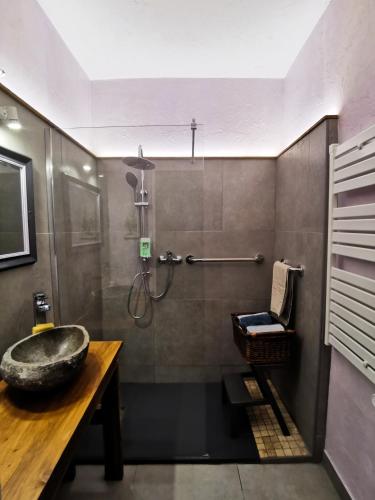 une salle de bain avec un lavabo et une douche dans l'établissement Les Jardins de la Contie, à Lunan