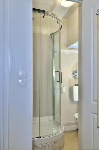 La salle de bains est pourvue d'une douche en verre et de toilettes. dans l'établissement Romantic studio in center of Paris, à Paris
