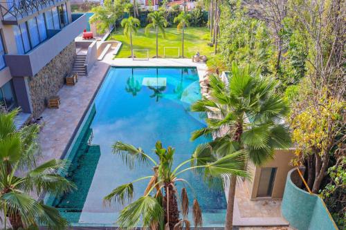 an overhead view of a swimming pool with palm trees at XAIL Hotel in Cocoyoc