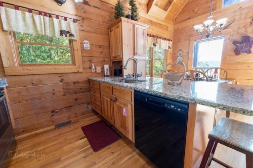 a kitchen with a black dishwasher in a log cabin at Eagles Point Cabin in Park Settlement
