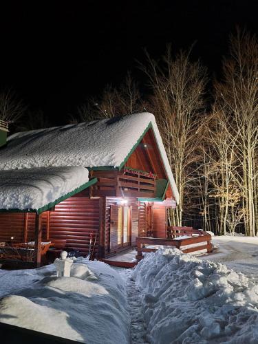 a log cabin covered in snow at night at Vikendica Crkvina in Kolašin