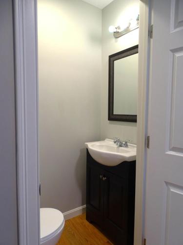 a bathroom with a sink and a toilet and a mirror at Convenient 2 bed Apt in Everett a Short Walk to Encore in Everett