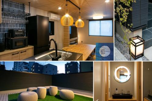 a collage of pictures of a kitchen with a sink at 藍-Ai-ASAKUSA in Tokyo
