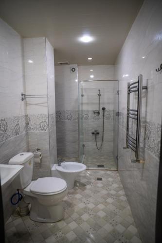 a bathroom with a shower and a toilet and a sink at Consul Hotel in Baku