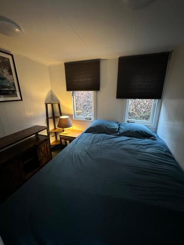 a bedroom with a blue bed and two windows at Gezellig, mooi en ruim huisje in Baarle-Nassau in Baarle-Nassau