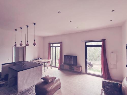 Il comprend un grand salon avec une cuisine et une table. dans l'établissement cardo village, à Bastia